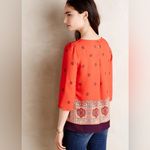 Maeve  Anthropologie Rila Bordered 3/4-Sleeve Top in Red Motif, Size 10 Photo 1