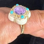 14K RARE Yellow Gold Bezel Amethyst Turquoise Quatrefoil White Agate Ring S 6.5 Photo 0