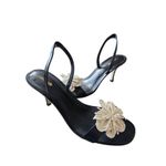 Larroude Hibiscus Slingback Heel Sandals in Black Leather Flower Size 10 Heels Photo 3