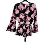 Lila Rose Lily Rose Black and Pink Floral Romper Belted Long Bell Sleeve Medium V Neck‎ Photo 7