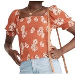 Madewell  Georgette Lucie Floral Smocked Top‎ Square Neck Puff Sleeve Rust Size M Photo 3