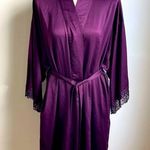 Natori Women's Purple Satin Kimono Robe w Lace Cuffs Belted Knee Length Large Photo 0