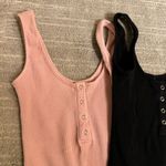 LE3NO Black Pink Blue Ribbed Henley Style Tank Top Bodysuits Set of 3 Small Photo 3