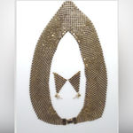 Vintage Two Tone Mesh Metal Bib Necklace & Pierced Earrings set 3pc Gold Photo 2