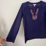 Lilly Pulitzer Navy Blue Lurex Stripe Coral Embroidery Tunic Top Size S Photo 2