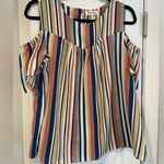 Monteau  Los Angeles Size XL Cold Shoulder Navy Cream Sage Striped Ruffle Top Photo 0
