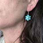 New Sleeping Beauty Turquoise Flower 925 Earrings with Diamond Center Blue Photo 10