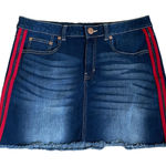 No Boundaries NOBO Mid Rise Denim Mini Skirt 17 Red Side Stripes Frayed Hem Early 2000s Trendy Photo 0
