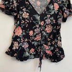 American Eagle AE Cinch Front Floral Top Black Green Short Sleeve Boho Crop Top Photo 4