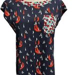 ANTHROPOLOGIE XS Porridge Petani Pocket Tee Top Sail Boat Navy Nautical Blouse Blue Photo 0