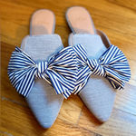 J.Crew  Women’s Blue & White Striped Pointed Toe Bow Detail Slip On Mules Size 8 Photo 0