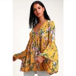 Free People Bella Golden Yellow Floral Print Tunic or Babydoll Dress Size Large Photo 2