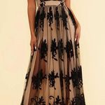 Luxxel ELEGANT BLACK NUDE FLORAL LACE STRAP DEEP V-NECK GOWN sz S Photo 0