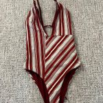 Lovers + Friends Kali burgundy silver striped deep V cross back swimsuit M Photo 9