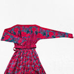 Vintage 80s Halston III Silk Floral Plaid Dress Red Pink Teal Belted Midi Size 4 Photo 10