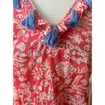 Bella Tu Coral Pink & White Blue Tassel Floral Block Print Ruffle Hem Dress Size M Photo 4