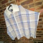 Tahari  Blue Cream Plaid Oversized Full Zip Up Cape Poncho Sweater Women's L/XL Photo 3