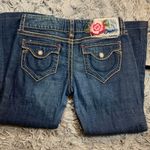 Vintage Y2K Blue Tattoo floral embroidered dark wash flaired jeans sz 30 Photo 5