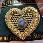 Blue Scarab Semi Stone Stone Heart Brooch Pin Gold Tone NWT Photo 2
