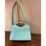 Light Blue Quilted Shoulder Bag with Gold Lip Handle Medium Size Photo 5