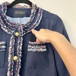 J.Crew  Lady Jacket Navy Blue Floral Liberty Fabric Ruffle Trim Tweed Blazer (4) Photo 8