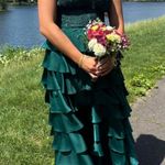 Emerald green strapless maxi dress with ruffles from Stacees. *Pictures 4 and 5 were before being hemmed. For reference I am 5’3 and normally size 4 Photo 0