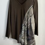 Diane Gilman Womans Pullover Top Small Brown V Neck Long Sleeve Assemetrical Photo 0