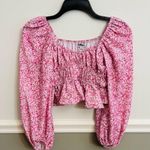 Women’s Red Berry Puffy Long Sleeve Cropped Pink White Elastic Floral Top Size 6 Photo 0