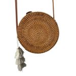 Women's Tan Cream Mother of Pearl Rattan Round Tassel Boho Crossbody Tote Bag Photo 6