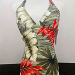 Christina Tropical Leaf Green And Red Halter One Piece Swimsuit NWT Size 8 Photo 0