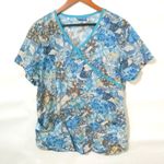 Elan  L Blue Brown Pocketed Pullover Scrub Top Photo 0