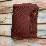 La Victoire Burgundy Leather & Fabric Purse with Chain Strap Red Photo 5