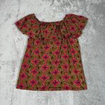 Chez Kevito‎ Shirt Womens Large Pink Yellow Off Shoulder Ruffle Bohemian Peasant Photo 2