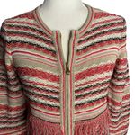 Carlisle  Full Zip Cardigan Sweater S Beige Black Pink Knit Stripe Fringe Photo 1