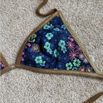 Aerie  Blue Floral Bikini Top With Gold Trim. Size Large Photo 4