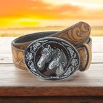 Vintage Style Twin Horses Embossed PU Leather Belt Casual Accessory Size L Tan Size L Photo 2