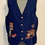 Casey & Max Vintage Sz Large Velvet Vest w/ Christmas Scene Cat napping by fire Photo 0