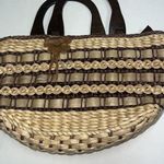Vintage Straw Purse Clutch Handbag Wood Handles Brown Beige Lined Boho Photo 0