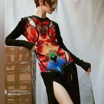 Alexander McQueen Orchid Jacquard Midi Dress Cutouts Medium Black Red Yellow NWT Photo 10