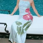 Farm Rio $450 NWOT  Blue Sequins Anthurium Flowers Slip Maxi Dress Size S Photo 0