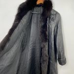 Vintage Leather Penny Lane Style Long Coat Black Real Fur Trim Womens Small Photo 3