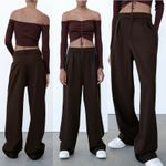 ZARA NWT High Waist Full Length Wide Leg Pleated Darted Trouser Pants Brown Photo 2