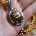 Tiger's Eye and Yellow Quartzite Beaded Stainless Steel Pendant Necklace Photo 2