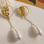 Unique Gold Goddess Face Earrings Long Pearl Dangle Baroque Style Gift new Photo 0