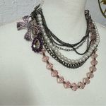 Chunky Silver Chain Faux Pearl & Rhinestone Bow Multi Strand Necklace Y2K Photo 0