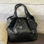 Audrey Brooke  Black Leather Handbag with Braided Shoulder Straps Photo 0