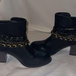 JustFab Black and Gold Heeled Boots with Chunky Heel EUC size 8.5 Photo 2