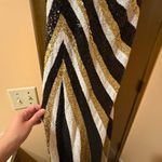 La Femme  white, gold, & black striped sequin open back one shoulder gown Photo 3