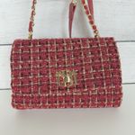 Badgley Mischka Woven Tweed Messenger Bag Gold Red Coquette Pearls Chain Photo 2