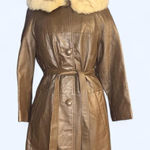 Vtg 80s Brown Leather Suede Long Coat Faux Fur Collar Tie Belt Sz Medium / Large Photo 0